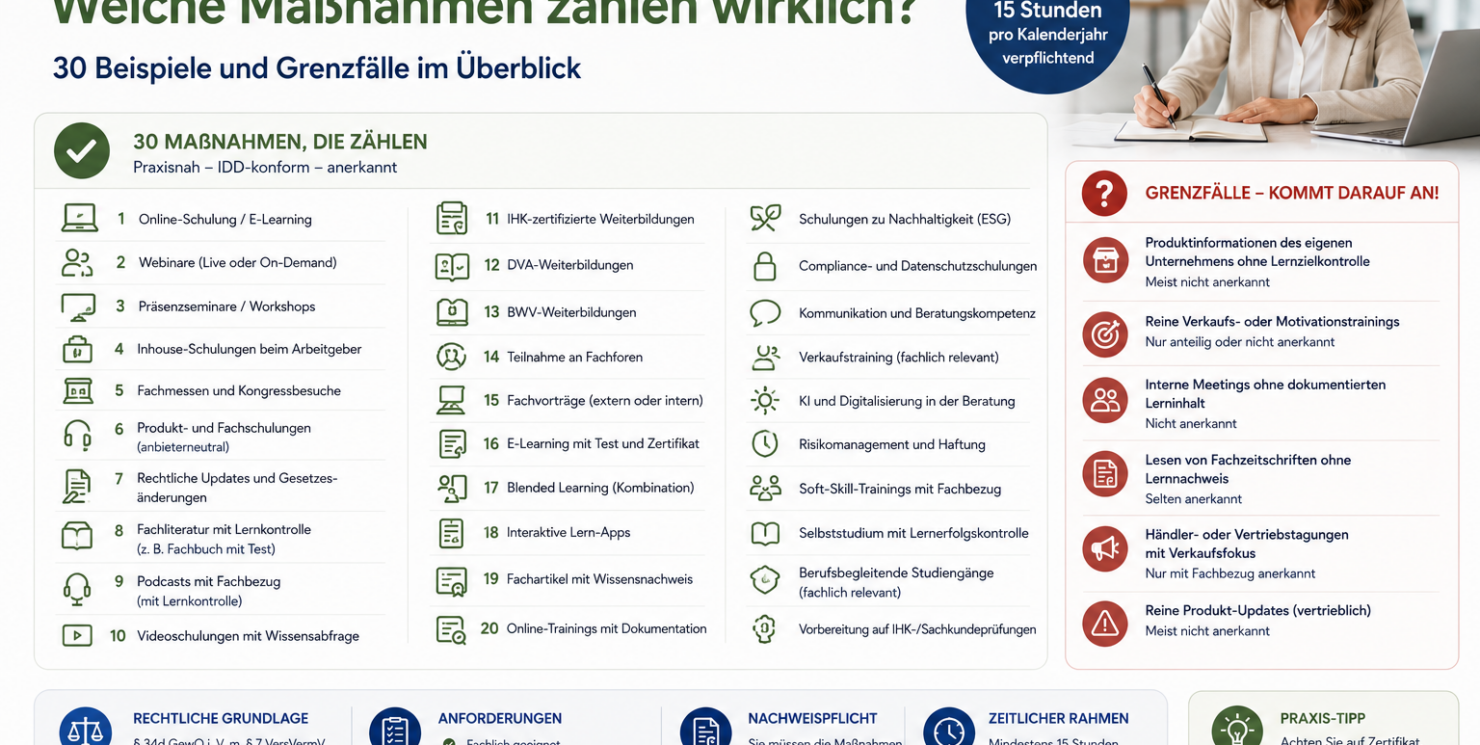 IDD-Weiterbildung nach § 34d: Welche Maßnahmen zählen wirklich? 30 Beispiele und Grenzfälle