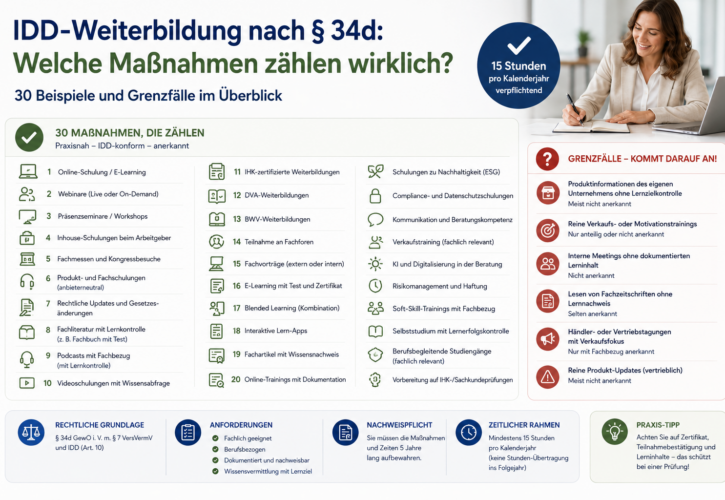 IDD-Weiterbildung nach § 34d: Welche Maßnahmen zählen wirklich? 30 Beispiele und Grenzfälle