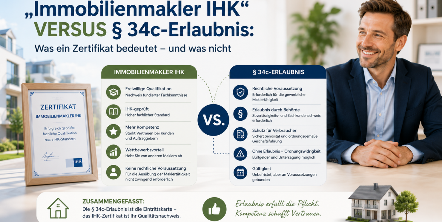 „Immobilienmakler IHK“ versus § 34c-Erlaubnis: Was ein Zertifikat bedeutet – und was nicht