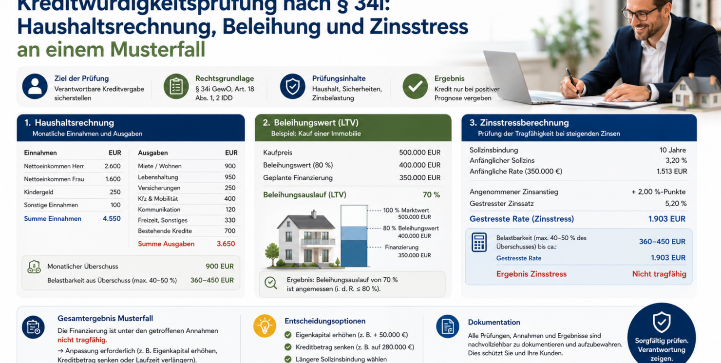 Kreditwürdigkeitsprüfung nach § 34i: Haushaltsrechnung, Beleihung und Zinsstress an einem Musterfall