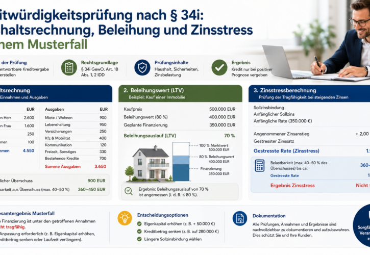 Kreditwürdigkeitsprüfung nach § 34i: Haushaltsrechnung, Beleihung und Zinsstress an einem Musterfall