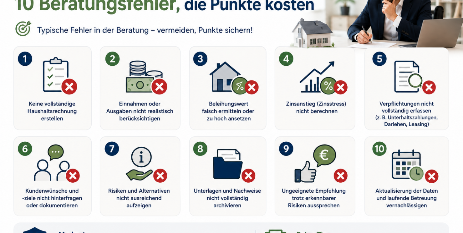 Praktische §-34i-Prüfung: 10 Beratungsfehler, die Punkte kosten Wie Sie das simulierte Kundenberatungsgespräch strukturiert, kundengerecht und prüfungssicher führen