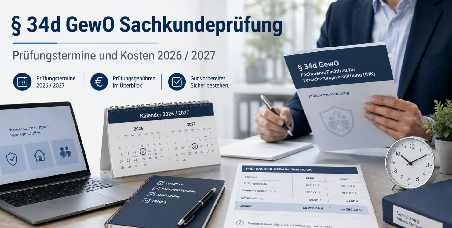 Prüfungstermine und Kosten für § 34d GewO Fachmann/Fachfrau für Versicherungsvermittlung (IHK)