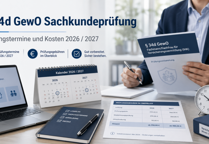 Prüfungstermine und Kosten für § 34d GewO Fachmann/Fachfrau für Versicherungsvermittlung (IHK)