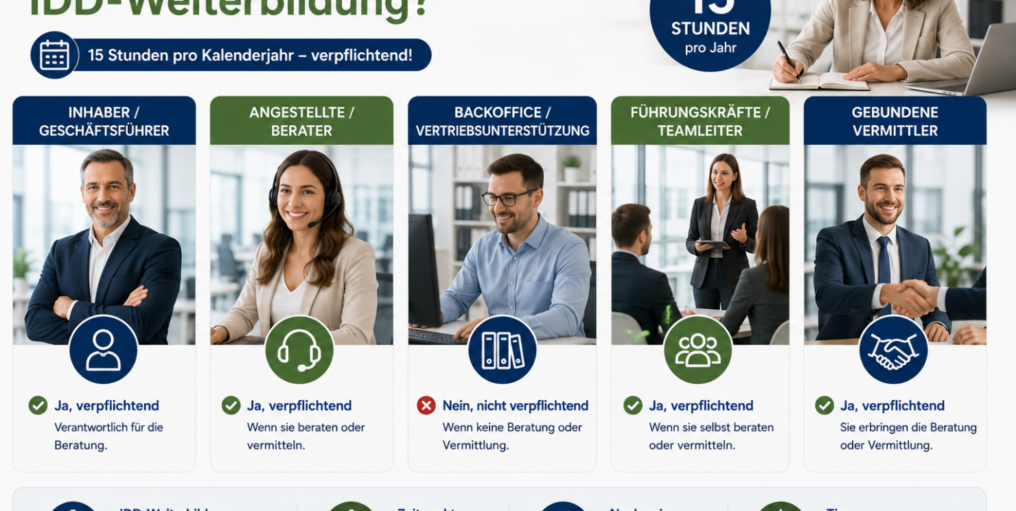 Wer braucht 15 Stunden IDD-Weiterbildung? Inhaber, Angestellte, Backoffice, Führungskräfte und gebundene Vermittler richtig einordnen