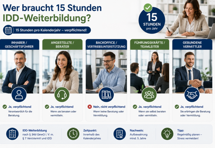 Wer braucht 15 Stunden IDD-Weiterbildung? Inhaber, Angestellte, Backoffice, Führungskräfte und gebundene Vermittler richtig einordnen
