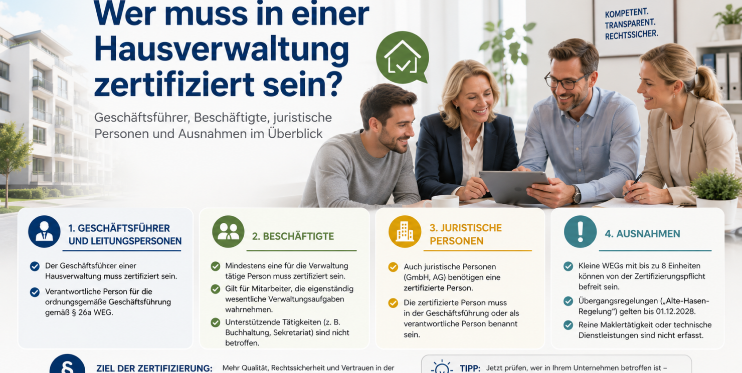 Wer muss in einer Hausverwaltung zertifiziert sein? Geschäftsführer, Beschäftigte, juristische Personen und Ausnahmen