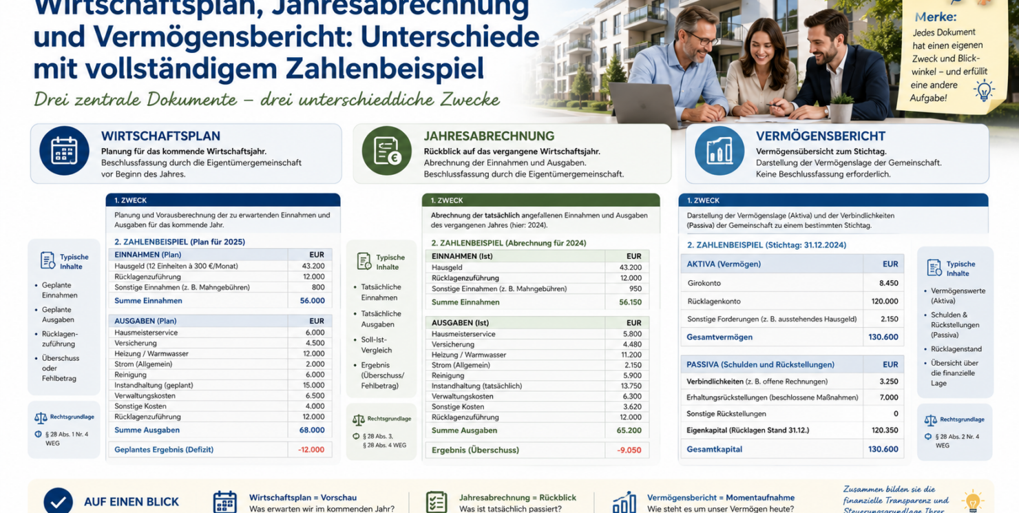 Wirtschaftsplan, Jahresabrechnung und Vermögensbericht Die Unterschiede verständlich erklärt – mit einem vollständigen Zahlenbeispiel