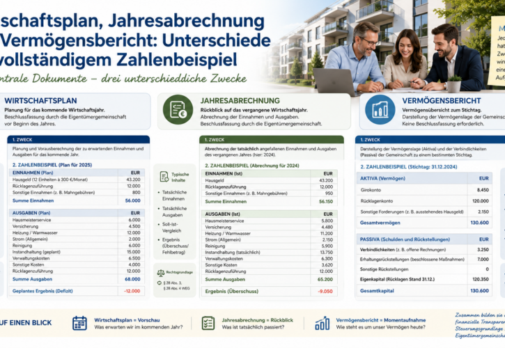 Wirtschaftsplan, Jahresabrechnung und Vermögensbericht Die Unterschiede verständlich erklärt – mit einem vollständigen Zahlenbeispiel