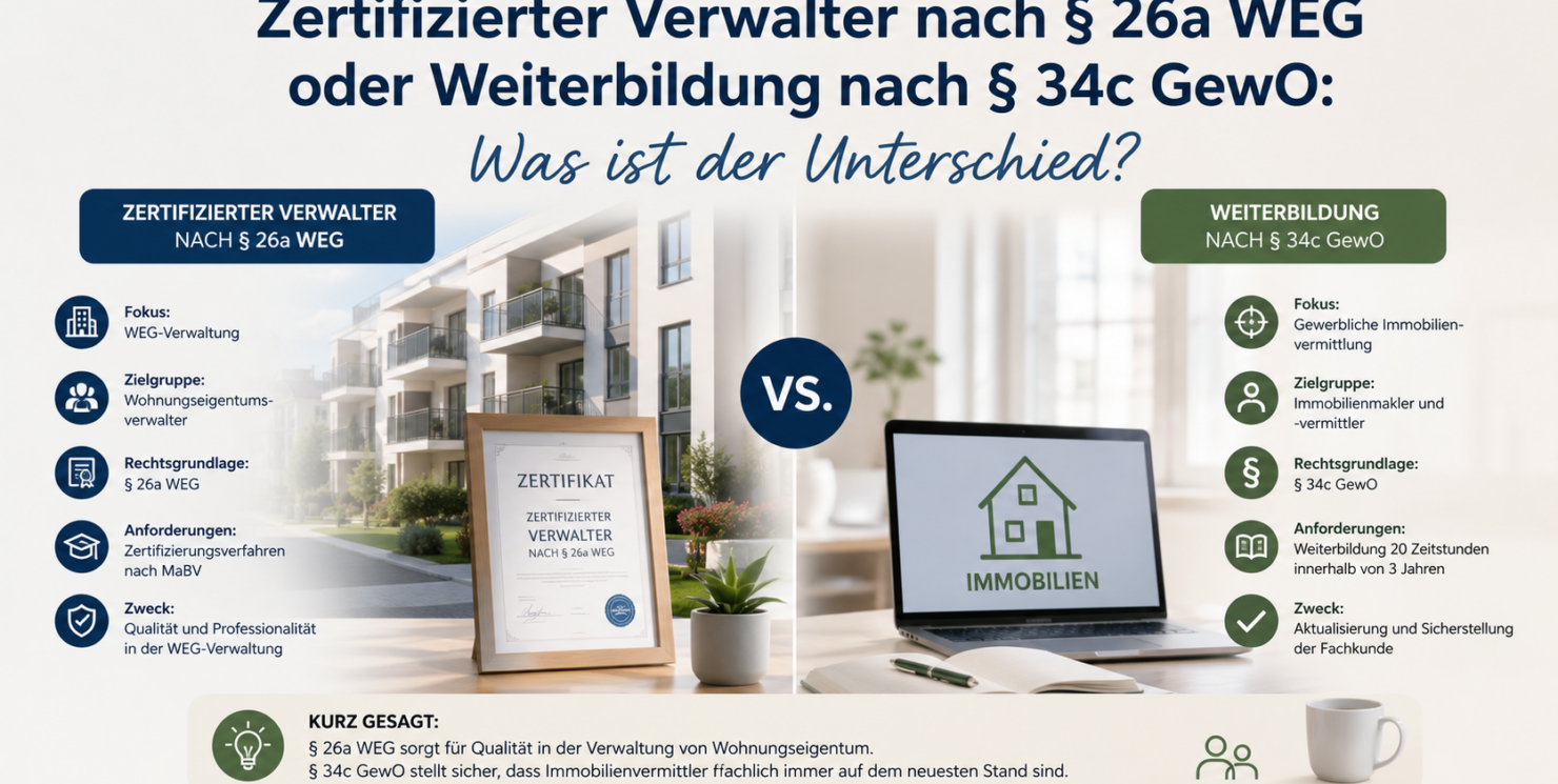 Zertifizierter Verwalter nach § 26a WEG oder Weiterbildung nach § 34c GewO: Was ist der Unterschied?