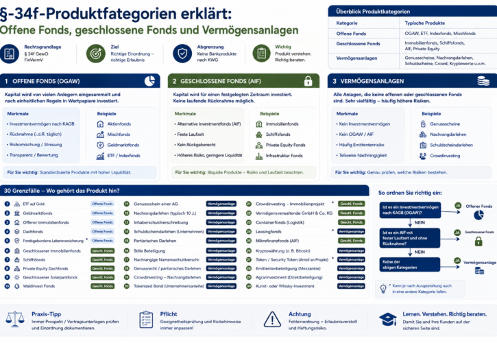 §-34f-Produktkategorien erklärt: Offene Fonds, geschlossene Fonds und Vermögensanlagen – 30 Grenzfälle